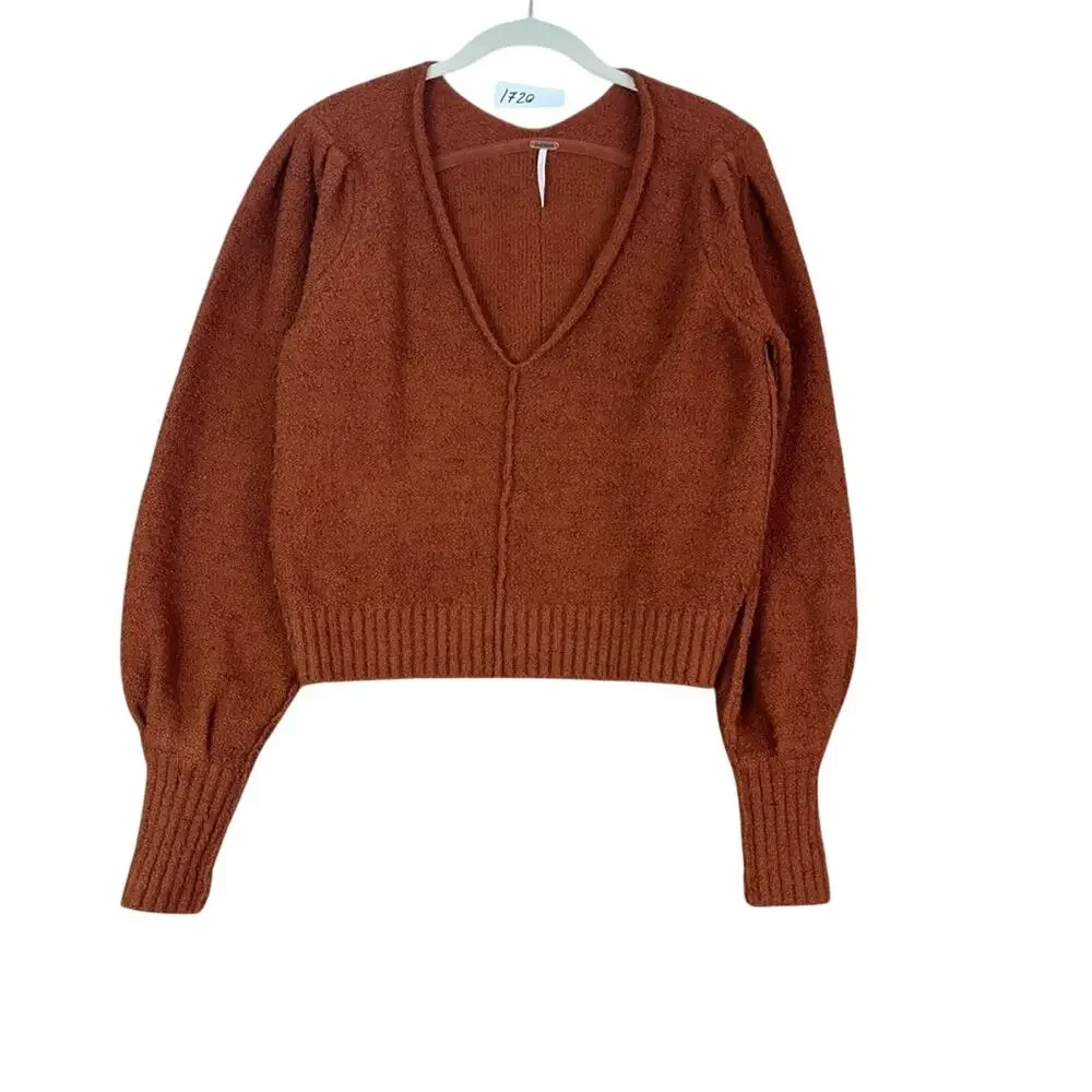 Free People Sweater Womens XS/TP Reverie Burnt Butter V Neck Ballon Sleeve